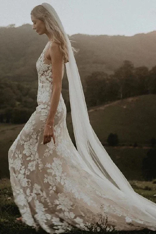 wedding dress with built-in petticoatSheath V-neck Lace Wedding dresses With Chapel Train, Unique Bridal Gowns OK1888