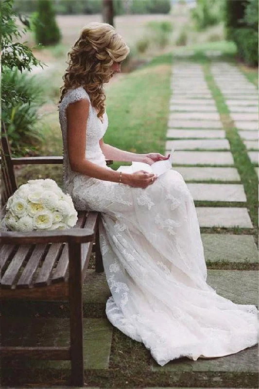 bespoke wedding dressesModest Lace Wedding Dress with Appliques,Cap Sleeves Open Back Wedding Gowns new OK420