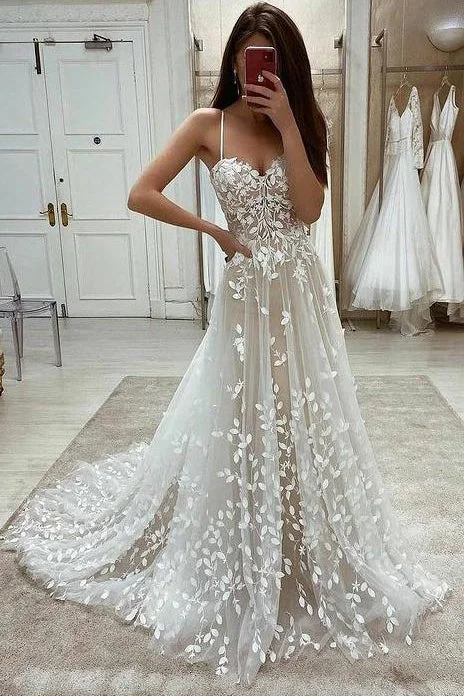 wedding dress inspirationA-line Lace Appliqued Spaghetti Straps Wedding Dresses ,Fashion Long Tulle Bridal Dress OKZ35