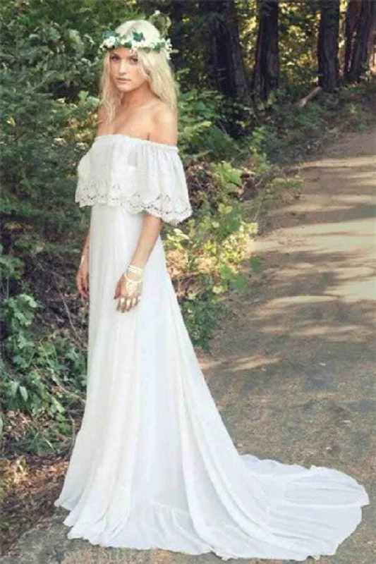 wedding dress trendsIvory Chiffon A-line Off-the-Shoulder Bohemian Lace Beach Wedding Dresses OK1814