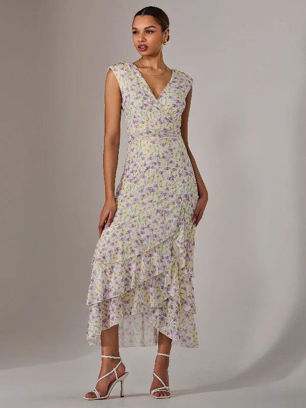 cinched-waist midi dressesSleeveless Ruffle Midi Dress, Purple Floral