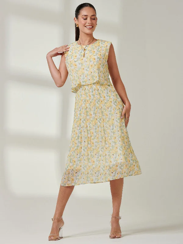 breathable midi dressesOlena Pleated Overlay Chiffon Midi Dress, Yellow Multi