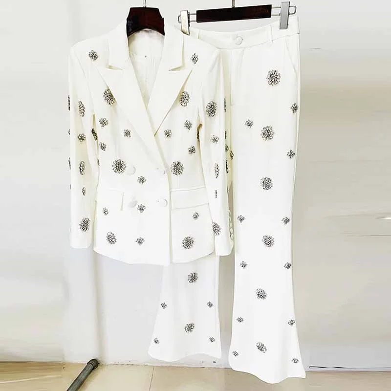 timeless wedding dressesWomen's Crystal Embellished Flared Pantsuit White Formal Suit Wedding Outfit