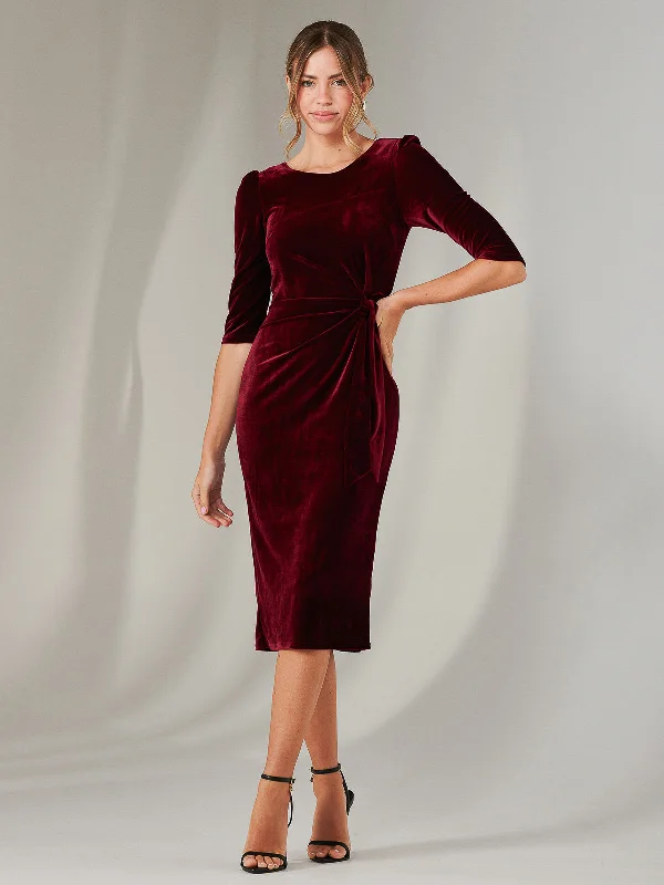 mid-length midi dressesVelvet Side Tie Midi Dress, Burgundy