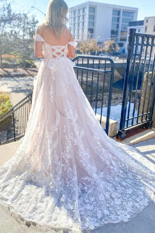 eco-friendly wedding dressesA-line Tulle Appliques Lace Off the Shoulder Criss Cross Back Boho Wedding Dress OK1645