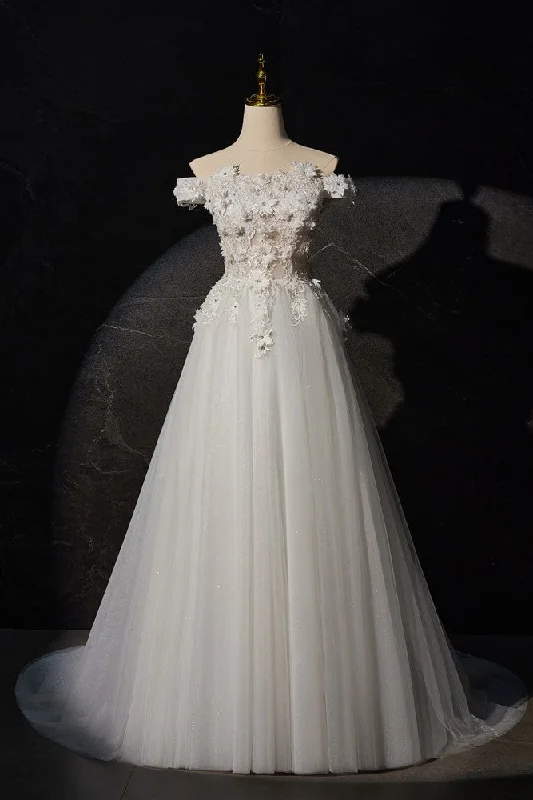 church wedding dressesIvory Off-the-shoulder A Line Long Wedding Dress with Flower Appliques