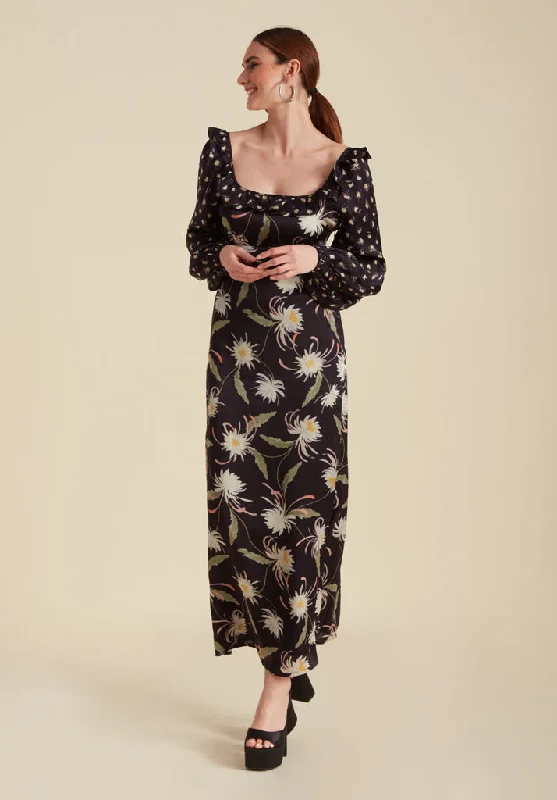 midi dresses with zippersMartha Square Neck Moonflower Print Midi Dress In Navy