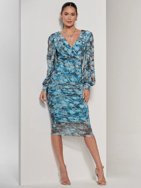 button-down midi dressesLong Sleeve Ruched Mesh Midi Dress, Blue Abstract