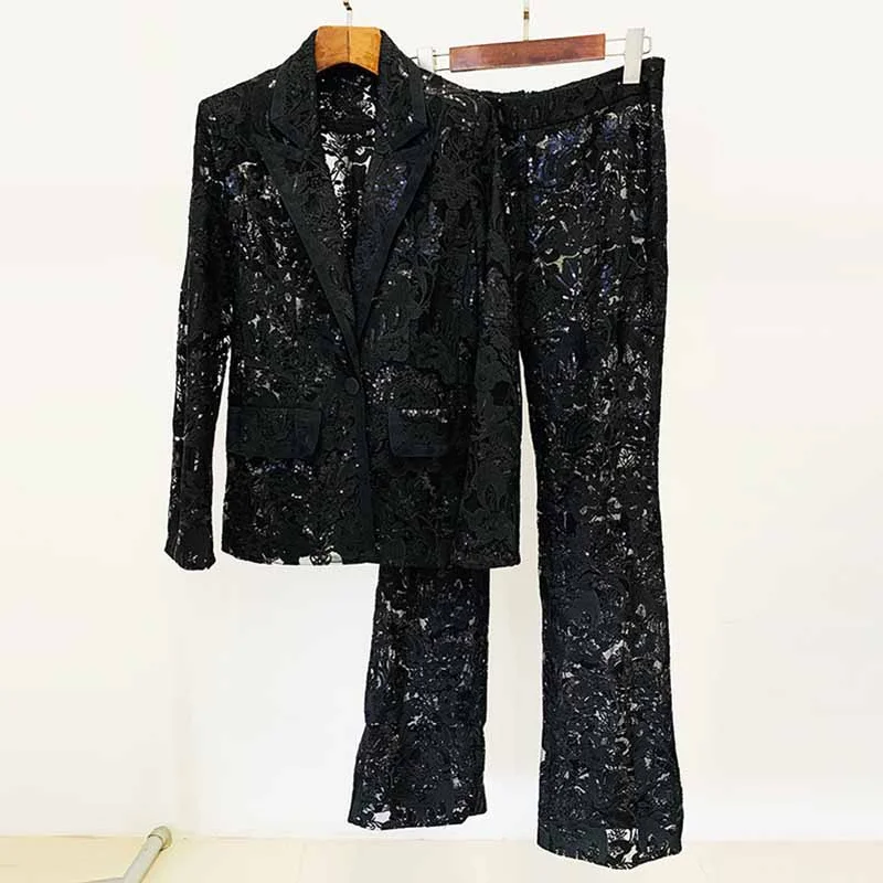 custom-fitted wedding dressesWomen Sequined Wedding Suit Lace Blazer + Trousers Two Pieces Set Event Suit