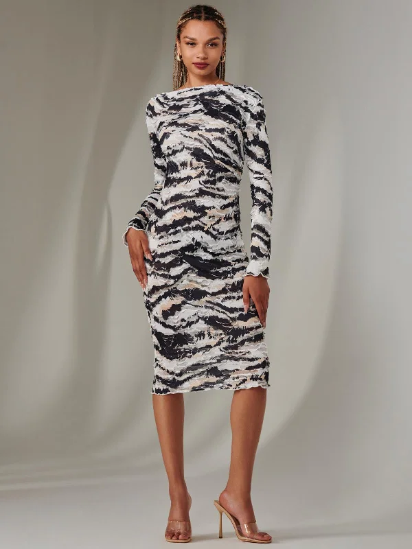 midi bodycon dressesLong Sleeve Textured Midi Dress, Black Abstract