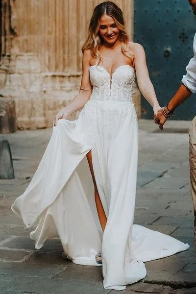 wedding dress preservationCasual Beach Wedding Dress with Side Split Sweetheart Simple Boho Wedding Dress OK1587