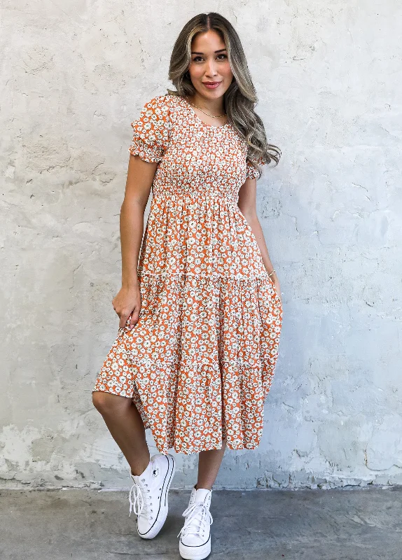 breathable midi dressesMcCall modest midi in orange daisy