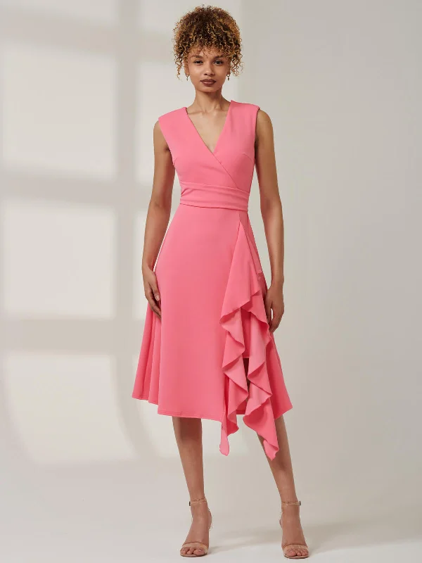 midi sheath dressesQiana Ruffle Detail Midi Dress, Pink