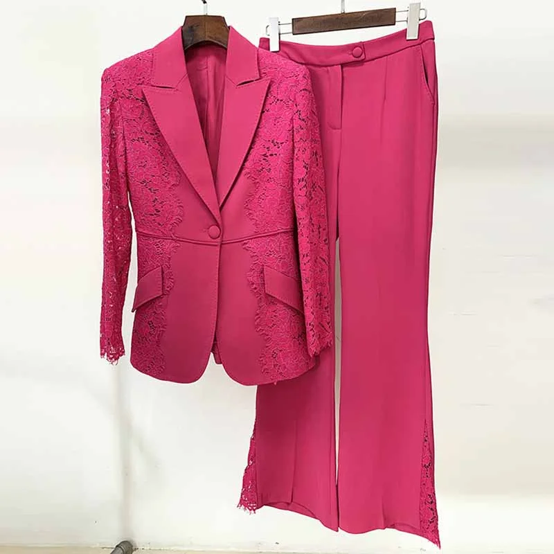 wedding dress without trainWomen Hot Pink Light Pink Pantsuit Lace High Waist Fitted Blazer + Flare Trousers Pants Suit / Wedding Suit