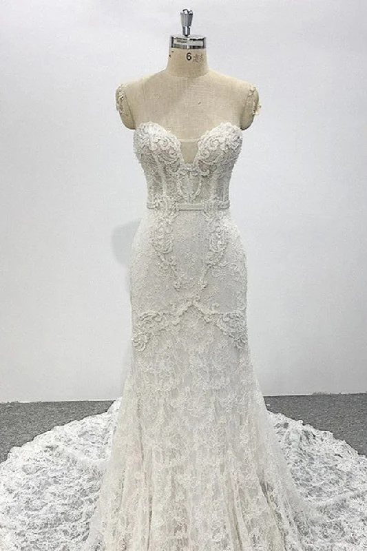 budget-friendly wedding dressesIvory Strapless Lace Sleeveless Wedding Dress