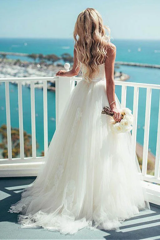 petite wedding dressesPretty Spaghetti Straps A-line Tulle Ivory Summer Beach Wedding Dress,new Bridal Gown OK283