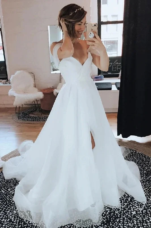 made-to-order wedding dressesSimple A-line Off the Shoulder Tulle Boho Wedding Dress with Split Beach Wedding Gown OK1648