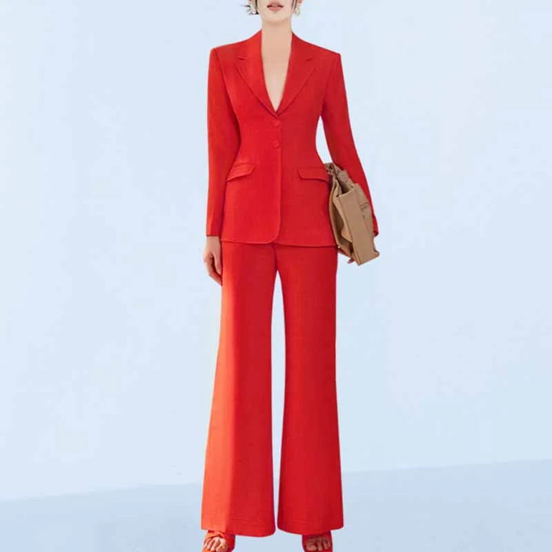 elegant bohemian wedding dressesWomen's Wide-Leg Wedding Suit Red Blazer Trousers Set Event Pantsuit