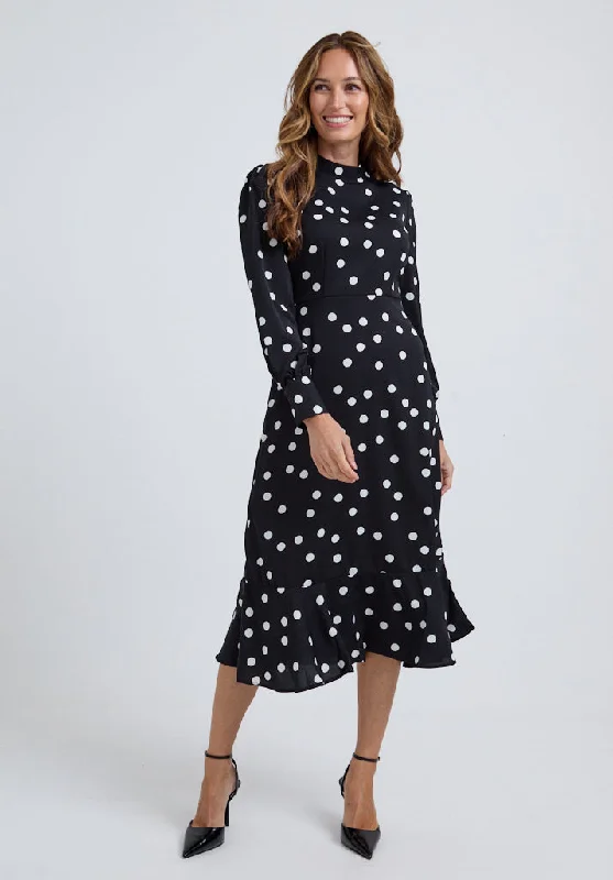 midi dresses with lace detailsSophie Tiered Hem Polka Dot Print Midi Dress In Black