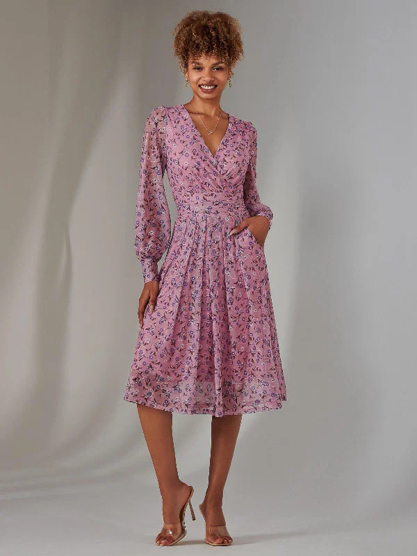 elegant evening midi dressesLong Sleeve Lace Print Midi Dress, Pink Floral