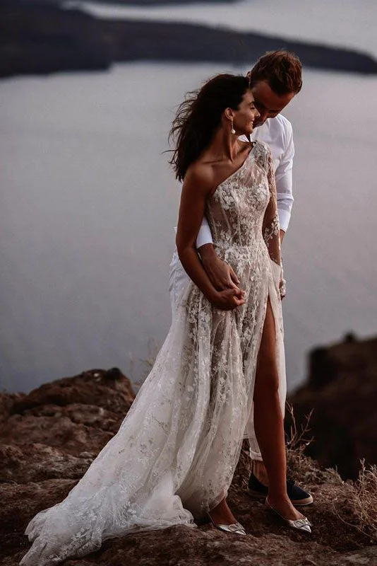 chiffon wedding dressesOne Shoulder Off White Lace Beach Wedding Dress Simple A Line Slit Bridal Wedding Gown OK1564