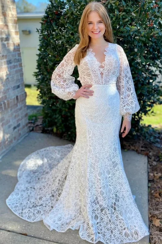 wedding dress with sleevesWhite Lace Long Sleeves Mermaid Open Back Mermaid Wedding Dress OK1616