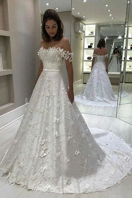 rustic elegance wedding dressesElegant A-line Lace Appliques Wedding Dresses, Popular Off Shoulder Wedding Gowns OK1949