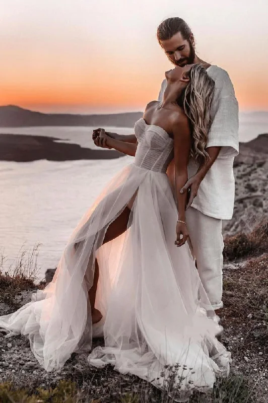 sustainable wedding dressesA-line Sweetheart Tulle Bohemian Wedding Dresses, Beach Simple Wedding Dress OK1926