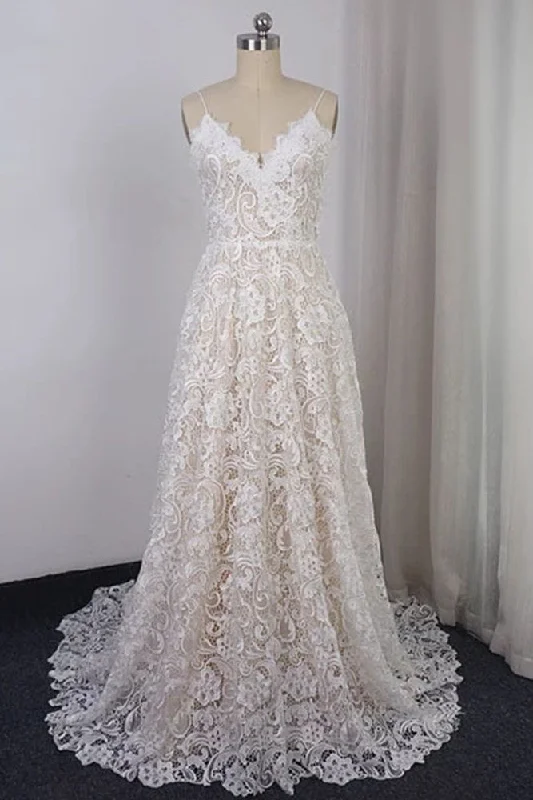 bespoke wedding dressesV-neck Exquisite Lace Spaghetti Straps Long Wedding Dresses