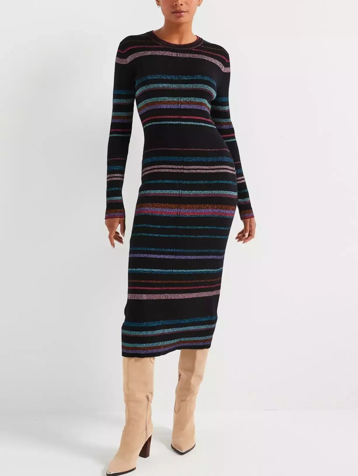 midi dresses for springStripe Metallic Knit Midi Dress