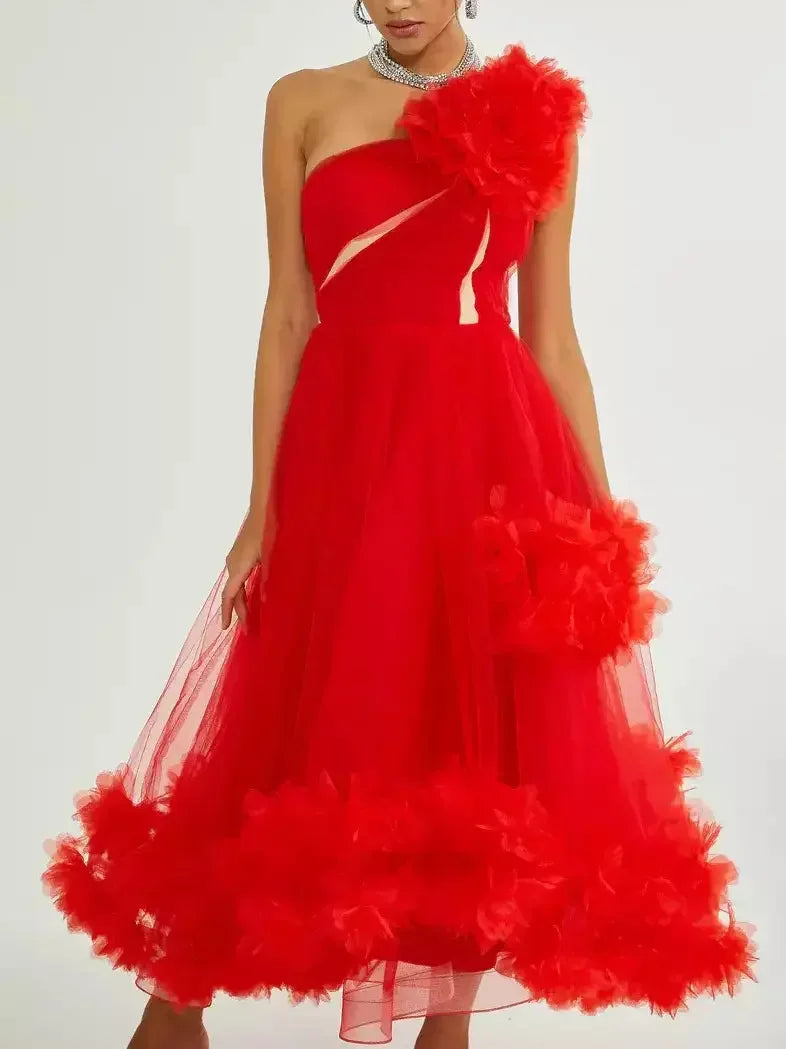 midi ball gown dressesRed Tulle One-Shoulder Flared Midi Dress