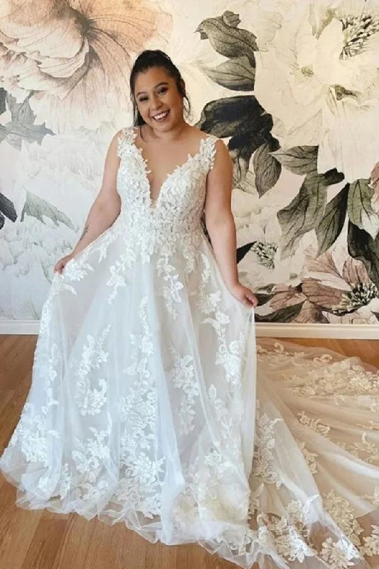 destination wedding dressesA Line V Neck Backless Off White Lace Long Plus Size  Wedding Dresses OK1734