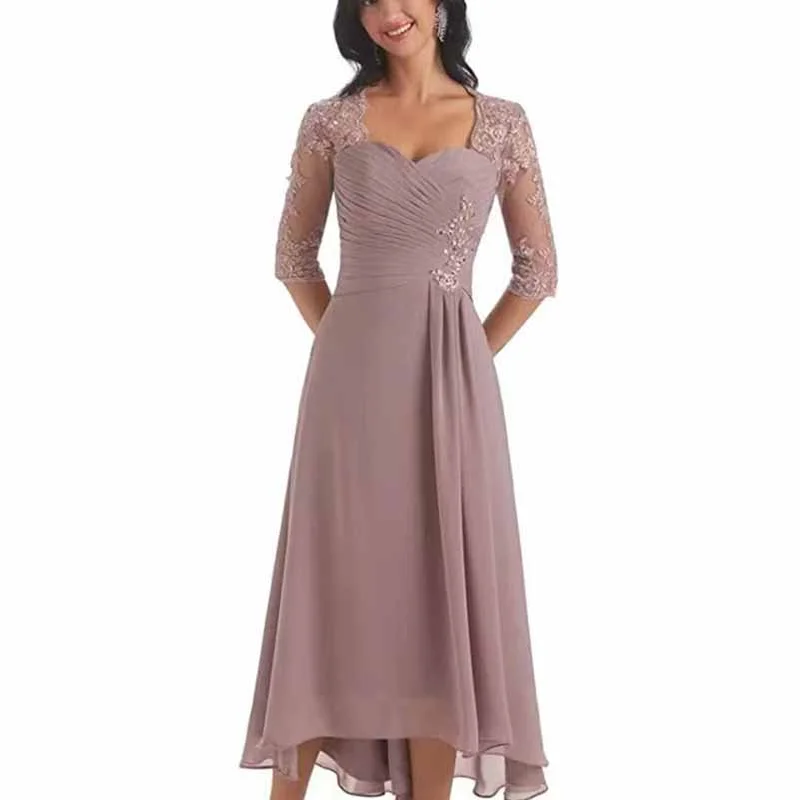 wedding dress shoppingAppliques Mother of The Bride Dress 3/4 Sleeves A line Tea Length Chiffon Wedding Guest Dress