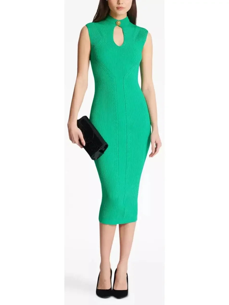 lace midi dressesRibbed-Knit Key-Hole Midi Dress in Green