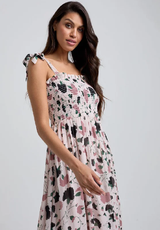 open-back midi dressesAnnie Smocked Peony Print Midi Dress In Cream