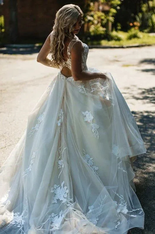 sustainable wedding dressesA-line Tulle Open Back Beach Wedding Dress Lace Appliques Princess Bridal Gowns OK1644