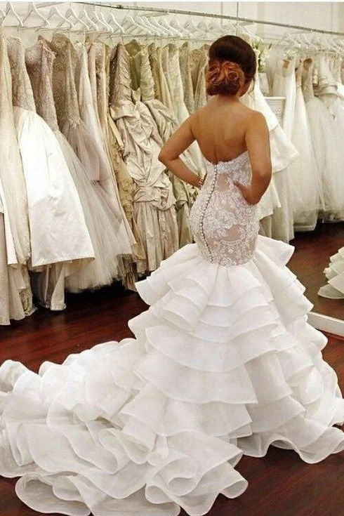 wedding dress with detachable trainBackless Lace Strapless Bridal Dresses Mermaid Ruffled Train Wedding Dresses OK1590