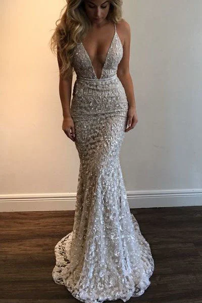 flowy wedding dressesMermaid new Spaghetti Straps Prom Dress,Beading Lace V-neck Prom Dresses Sexy Wedding Dress OK171