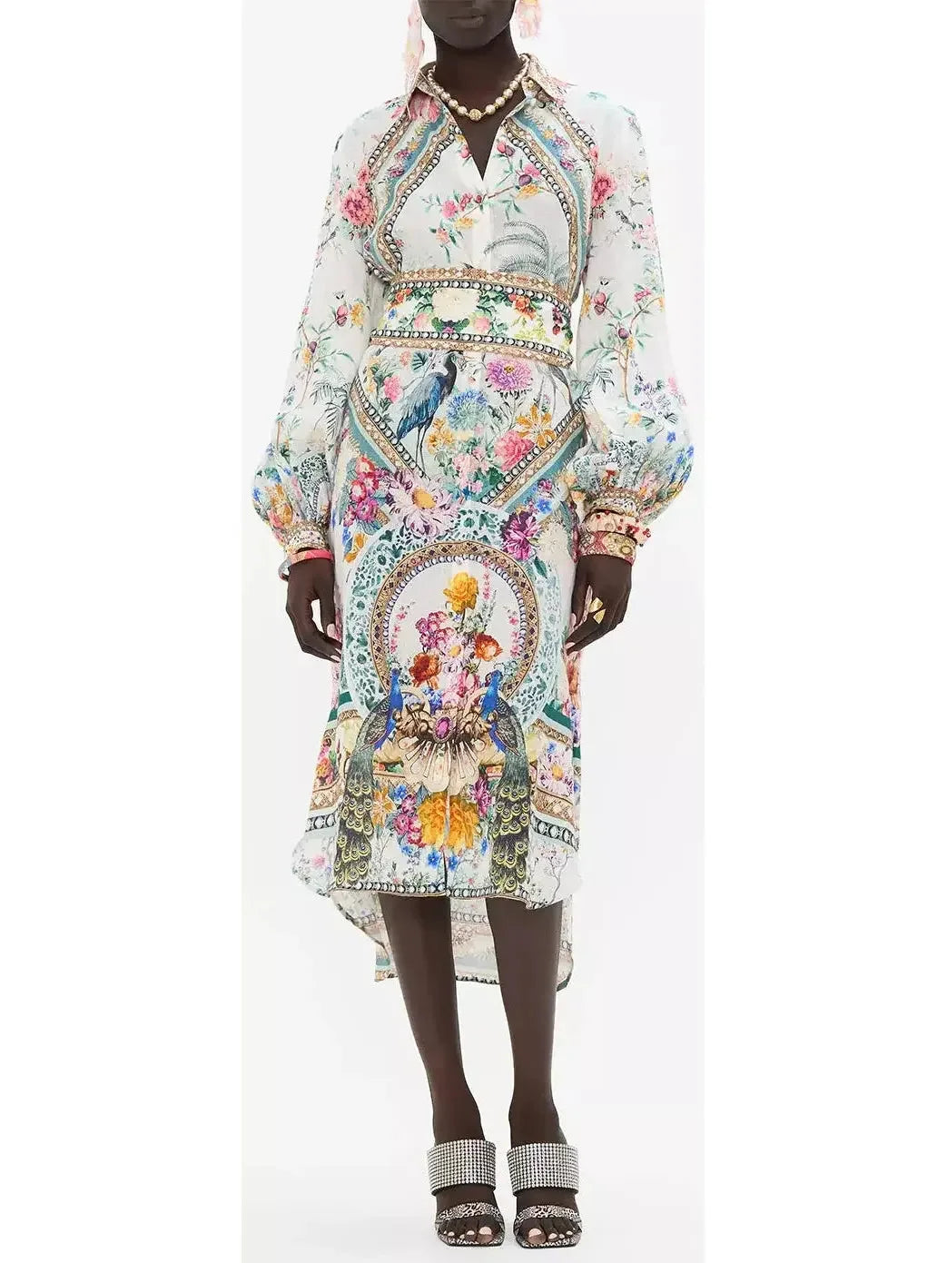 floral lace midi dressesHigh-Low Multicolor Printed Midi Shirt Dress