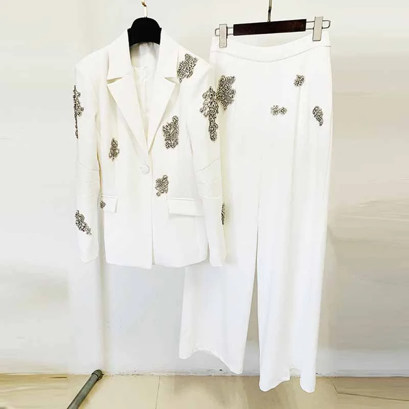 statement wedding dressesWomen's White Beaded Blazer Suit Two Pieces Wide-Leg Wedding Pantsuit