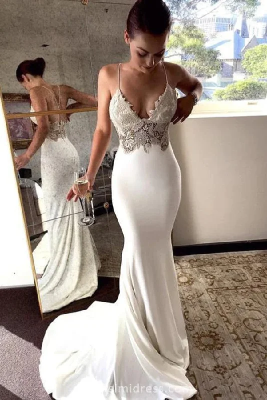 vintage elegance wedding dressesSoft Satin Boho Bridal Dress Mermaid Spaghetti Straps Lace V Neck Beach Wedding Dresses OK1675