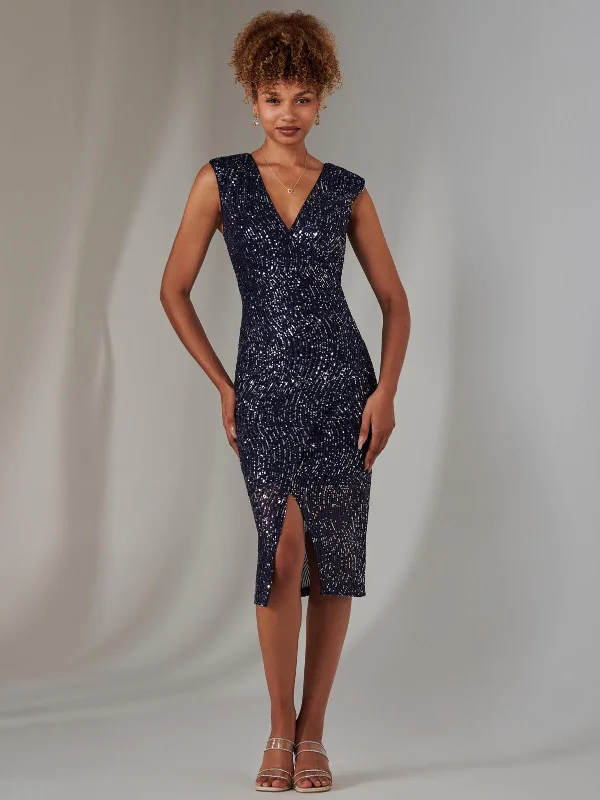 midi dresses for springDeja Sequin Midi Dress With Slit, Navy Silver