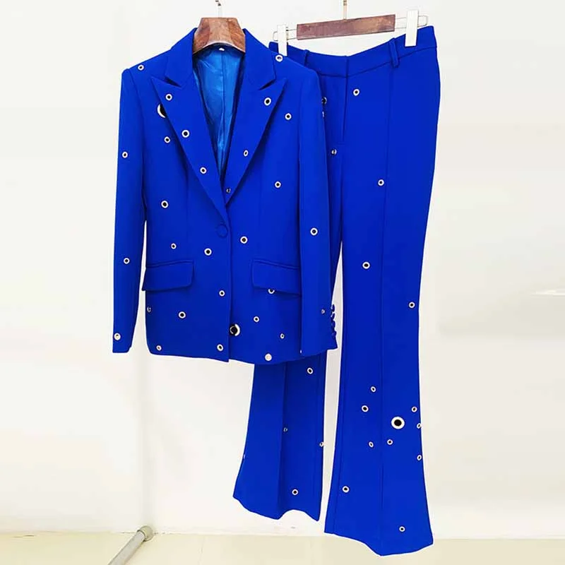 mother-of-the-groom wedding dressesWomen Hand Made Metal Rings Blazer + Mid-High Rise Flare Trousers Pants Suit in Royal blue, Wedding Suit