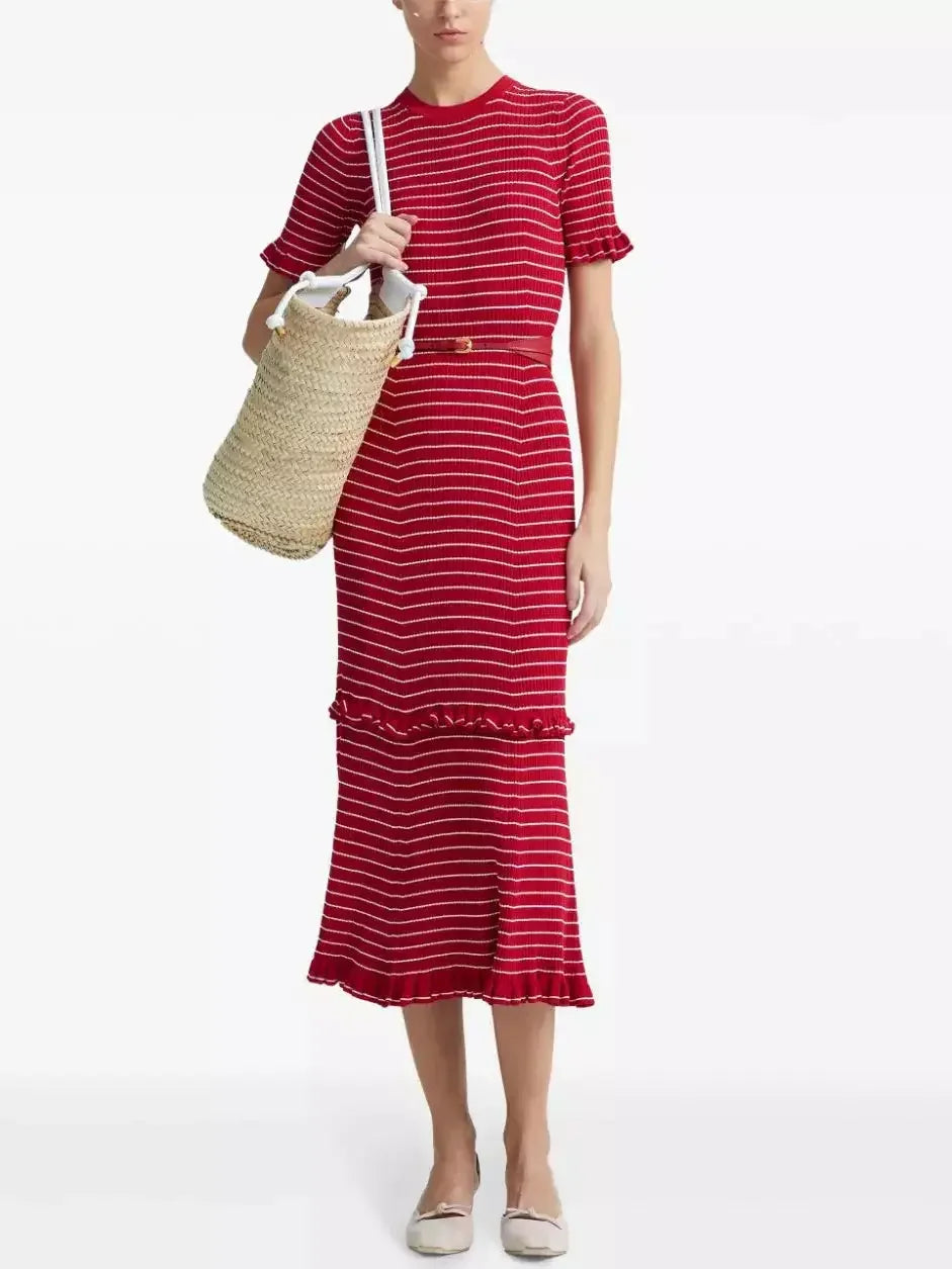 midi dresses for winterStripe Ruffle Trim Midi Dress in Red