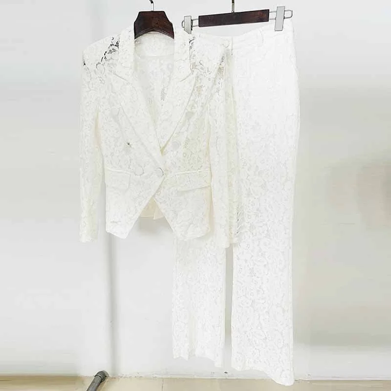 unique wedding dressesWomen's White Lace Blazer Pantsuit Two Pieces Wedding Suit Formal Pantsuit