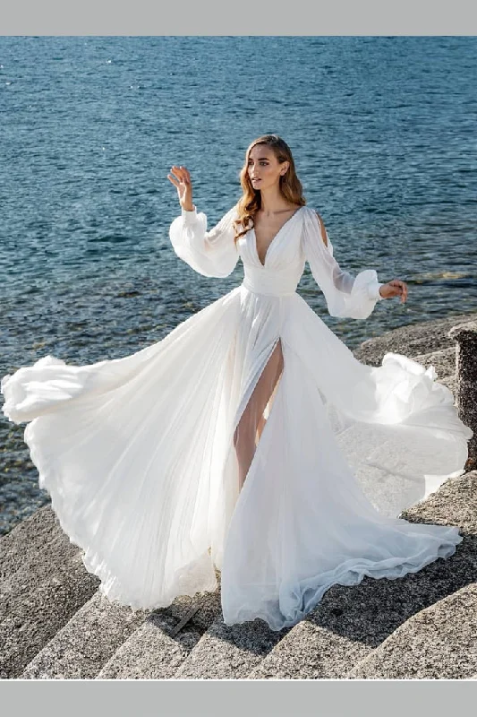 wedding dress with buttonsBoho Long Sleeves Wedding Dress for Seaside High Slit Side Beach Wedding Dress OK1591