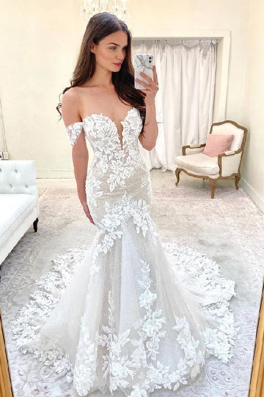 intricate wedding dressesOff-the-shoulder Mermaid Sweetheart Lace Wedding Dress N129