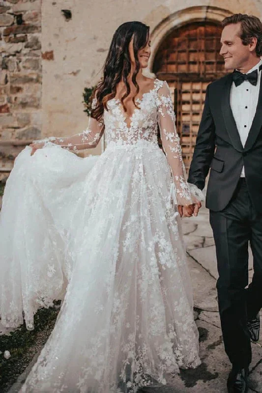 wedding dress with illusion backUnique A-line V-neck Long Sleeves Lace Wedding Dresses, Bridal Gowns OK1904